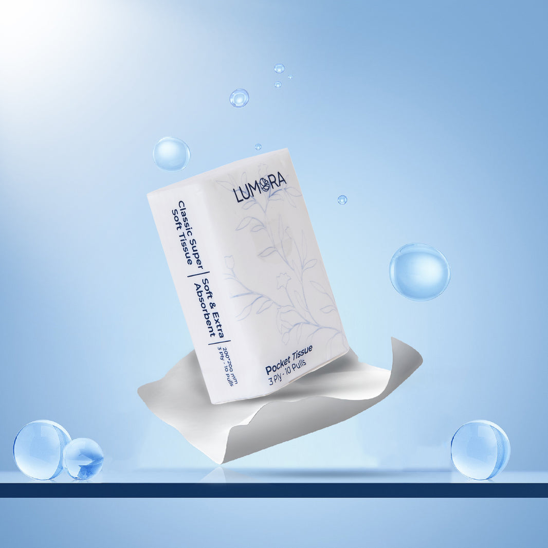 LUMORA pocket tissue pack on a blue background with bubbles